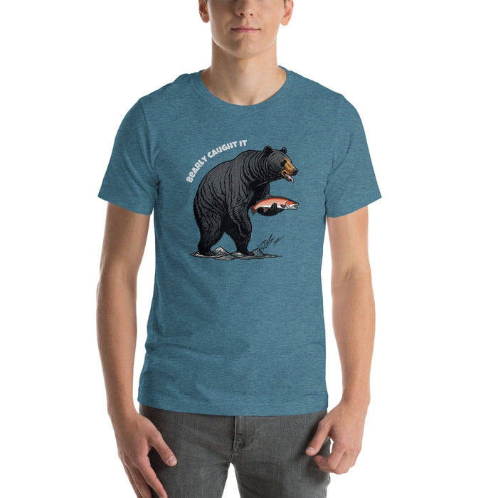 Triniskies Heather Deep Teal / S Bearly Caught It Black Bear Fishing T-Shirt Comfortable Bella Canvas Tee Fishing Tshirt Camping Nature Hiking Great Gift