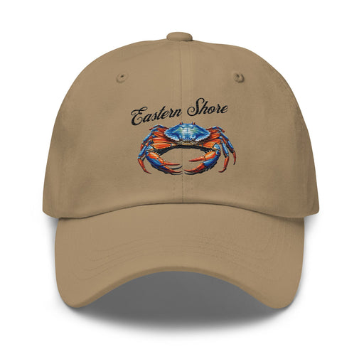 Triniskies Khaki Eastern Shore Blue Crab Embroidered Hat. Coastal inspired Cap for Seafood Lovers