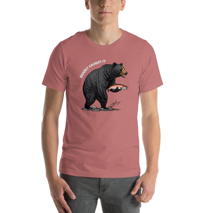 Triniskies Mauve / S Bearly Caught It Black Bear Fishing T-Shirt Comfortable Bella Canvas Tee Fishing Tshirt Camping Nature Hiking Great Gift