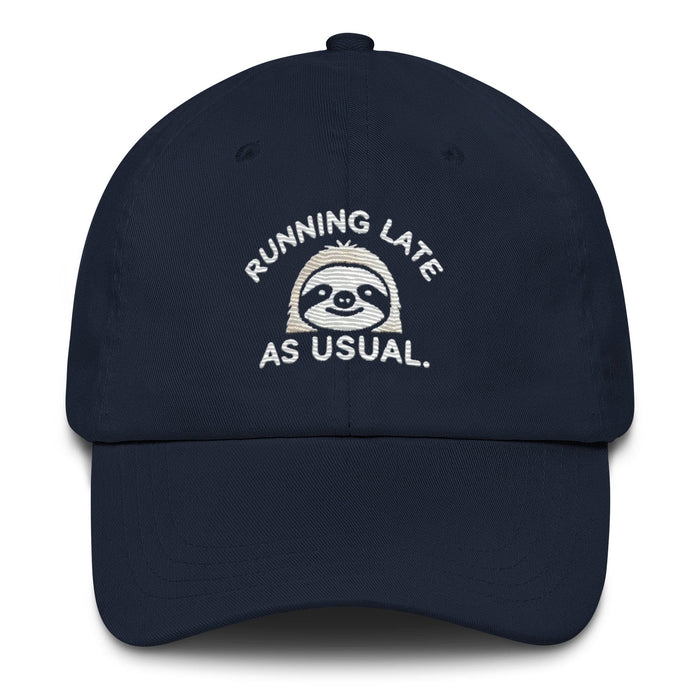 Triniskies Navy Embroidered "Sloth Running Late as Usual" Dad Hat – Low Profile, Adjustable Strap & Curved Visor