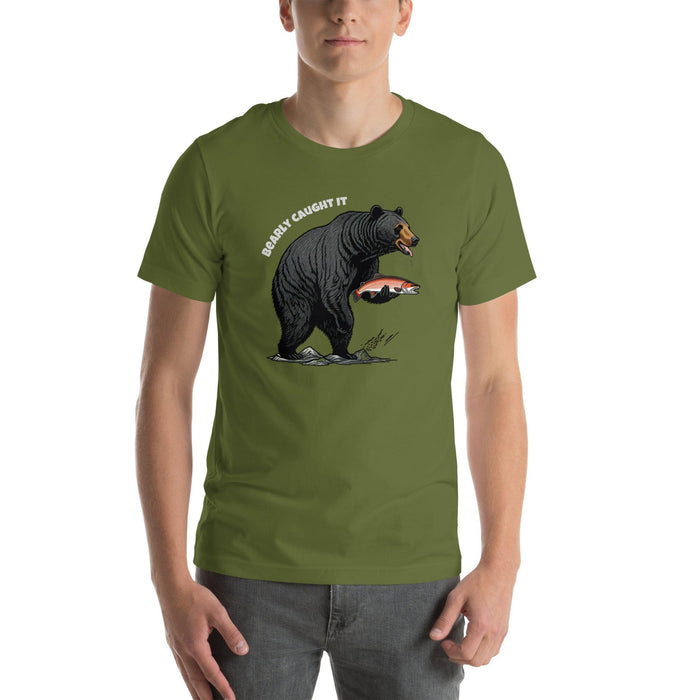 Triniskies Olive / S Bearly Caught It Black Bear Fishing T-Shirt Comfortable Bella Canvas Tee Fishing Tshirt Camping Nature Hiking Great Gift