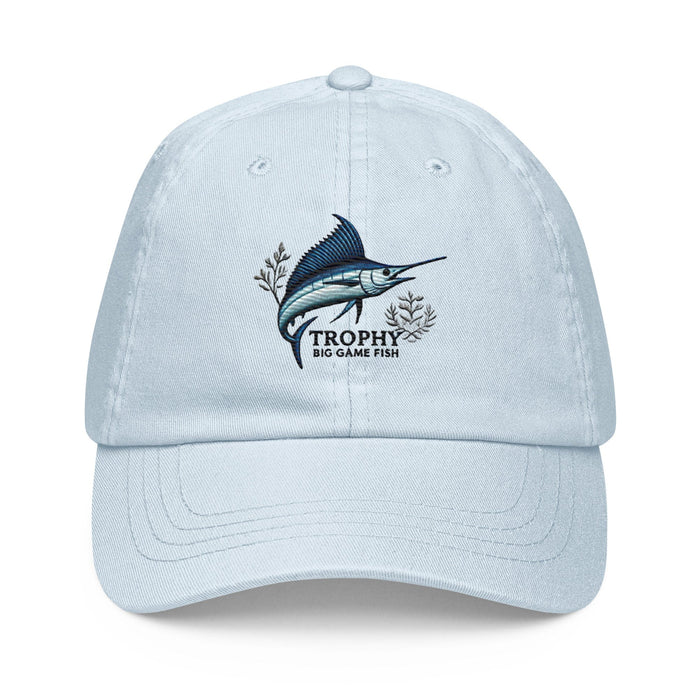 Triniskies Pastel Blue Embroidered "Marlin" Pastel Baseball Hat, Low Profile Cotton Cap Big Game Fishing Hat Great Gift