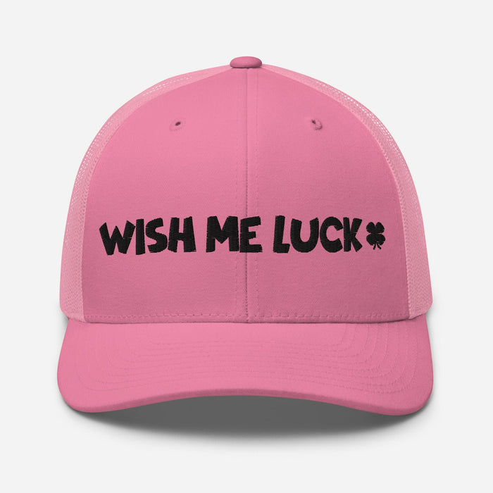 Triniskies Pink Embroidered Wish Me Luck Clover Trucker Hat Classic Comfort with Mesh Back Great Gift Idea Mens Hat Womens Hat