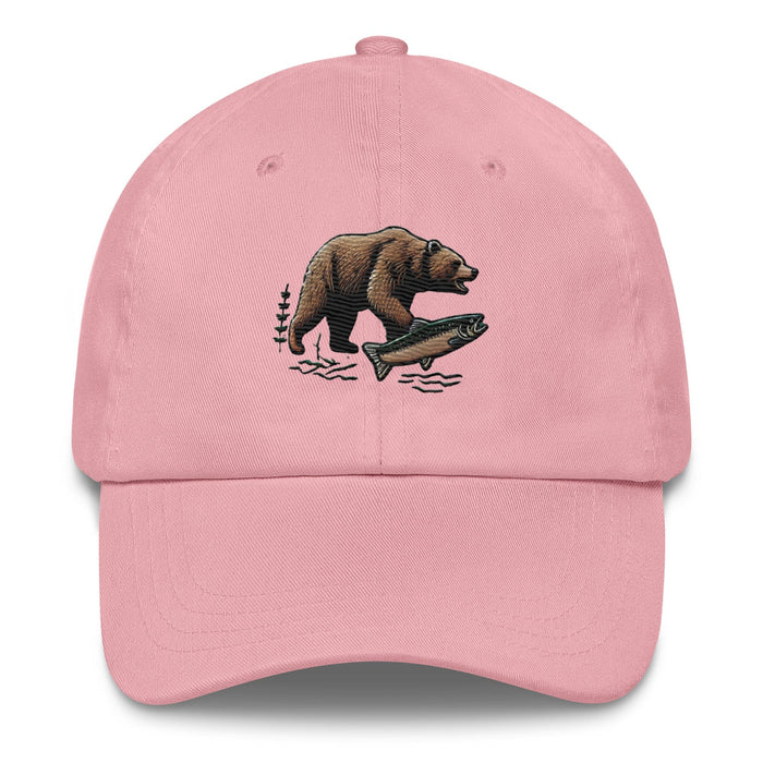 Triniskies Pink Great Outdoors Embroidered Bear and Salmon Dad hat Great Adventures Outdoor Life Camping Fishing Hat