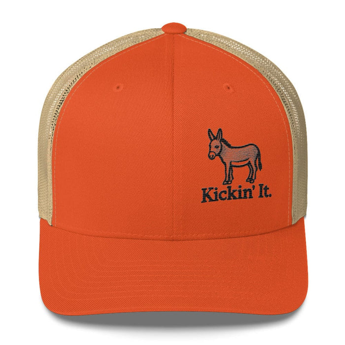 Triniskies Rustic Orange/ Khaki Embroidered "Kicken It" Trucker Cap Humor Funny Casual Wildlife Hat