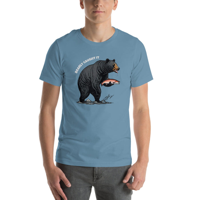 Triniskies Steel Blue / XS Bearly Caught It Black Bear Fishing T-Shirt Comfortable Bella Canvas Tee Fishing Tshirt Camping Nature Hiking Great Gift