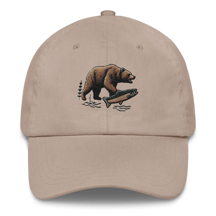 Triniskies Stone Great Outdoors Embroidered Bear and Salmon Dad hat Great Adventures Outdoor Life Camping Fishing Hat