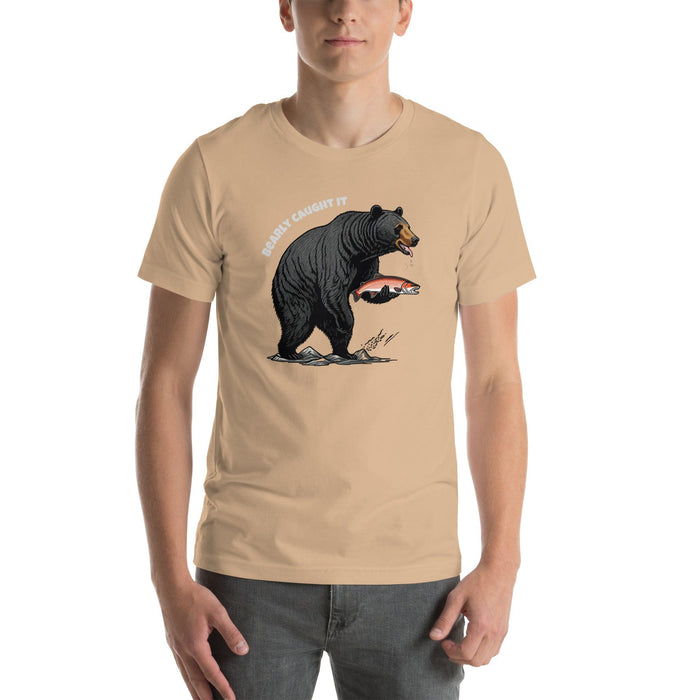 Triniskies Tan / XS Bearly Caught It Black Bear Fishing T-Shirt Comfortable Bella Canvas Tee Fishing Tshirt Camping Nature Hiking Great Gift