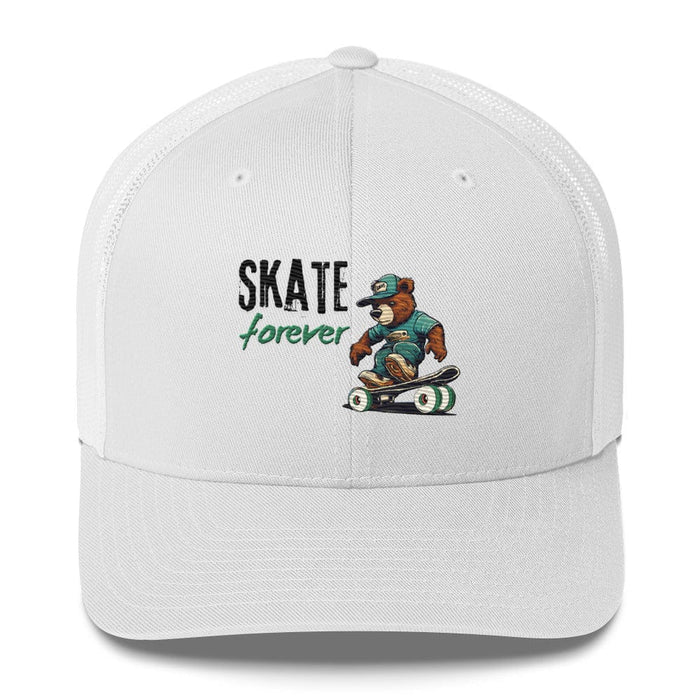 Triniskies White "Skate Forever" Bear Skateboarder Trucker Cap – Mesh Back & Adjustable Fit Trucker Cap