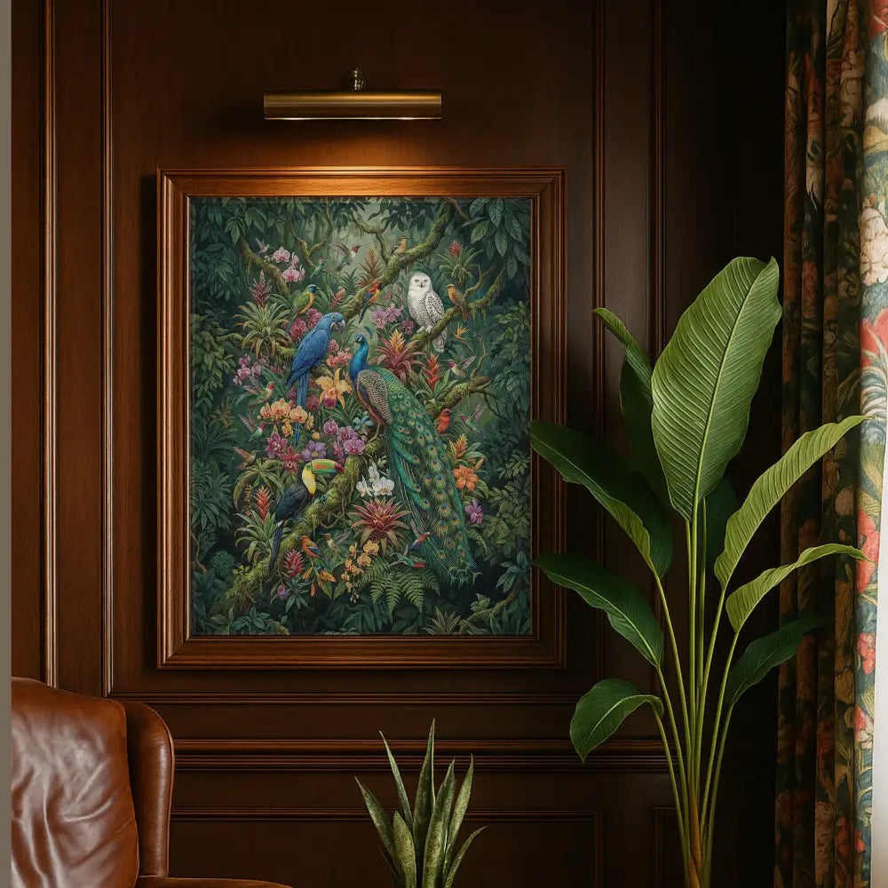 Vibrant tropical aviary art print with exotic birds and lush botanical foliage in dark wood frame