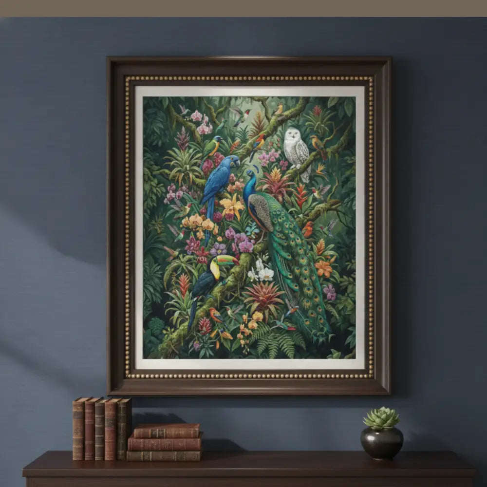Tropical aviary art print with exotic birds and botanical wall art in wooden frame
