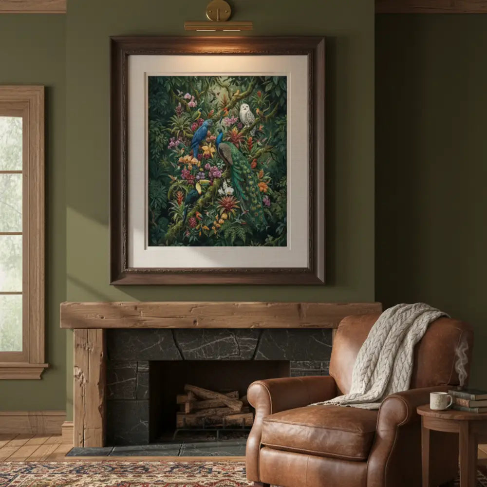 Tropical aviary art print with exotic birds and botanical wall art in dark wood frame