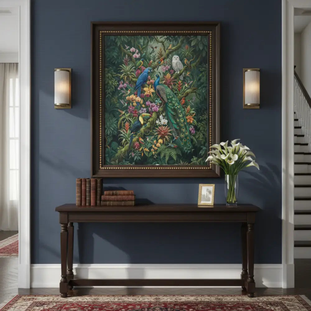 Tropical aviary botanical wall art with exotic birds in ornate frame