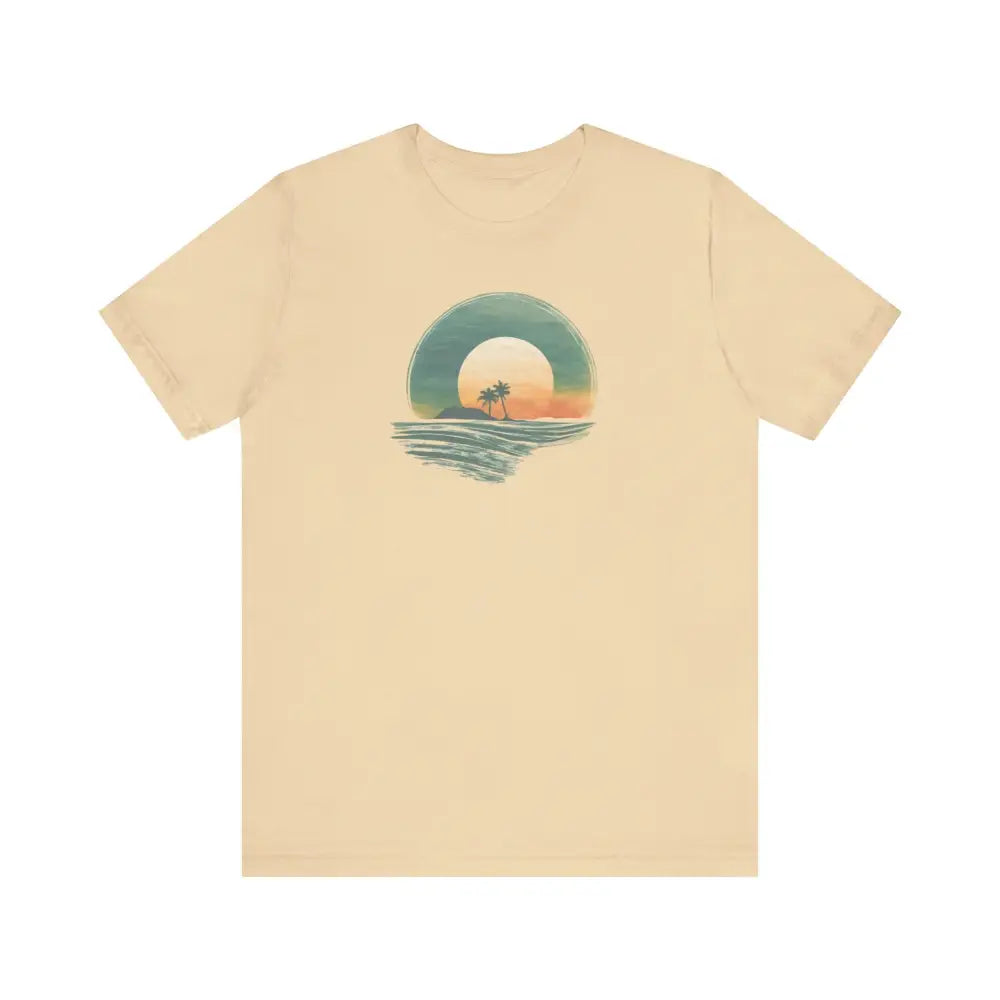 Light beige tropical oasis paradise sunset graphic tee in airlume combed cotton
