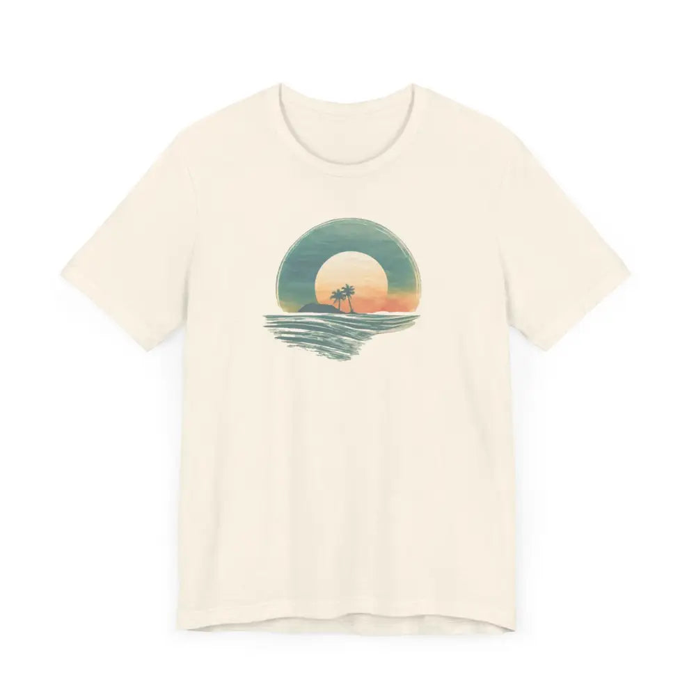 Cream-colored tropical oasis paradise sunset tee in airlume combed cotton
