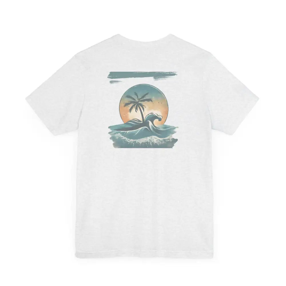 White Tropical Oasis Paradise Tee with sunset and waves graphic