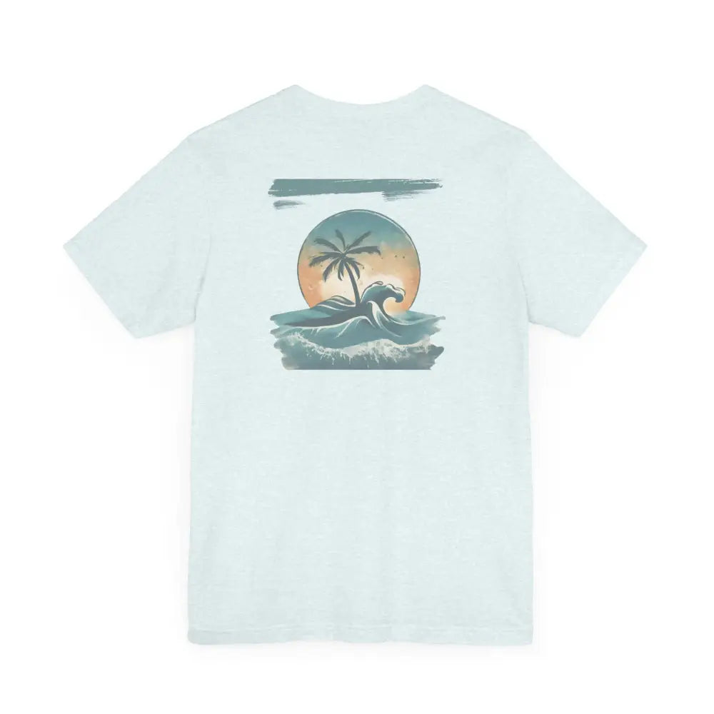 Light blue tropical oasis paradise graphic tee with sunset and wave design