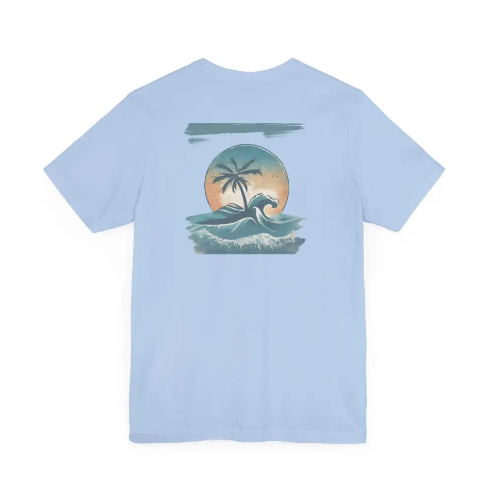Light blue tropical oasis paradise graphic tee with beach sunset