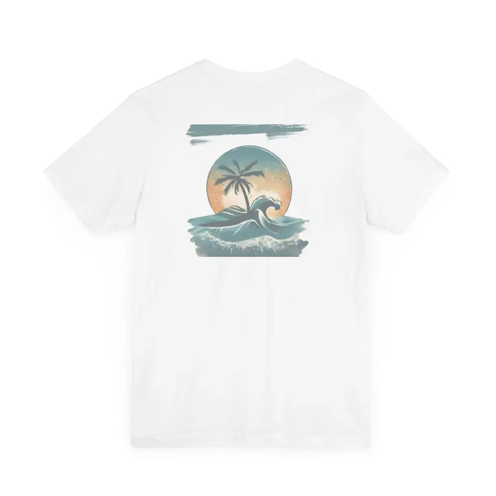 White short-sleeved Tropical Oasis Paradise graphic tee with beach sunset