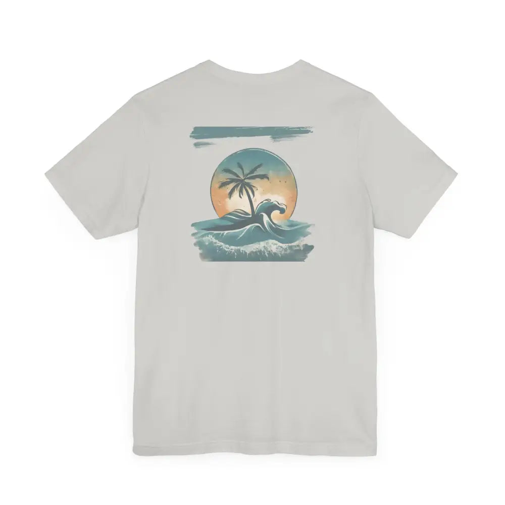 Light grey Tropical Oasis Paradise tee with island and wave graphic