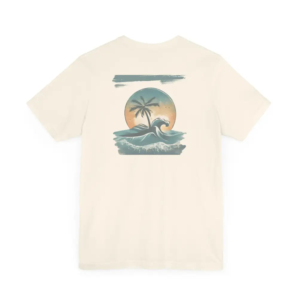 Tropical Oasis Paradise cream tee with sunset ocean graphic