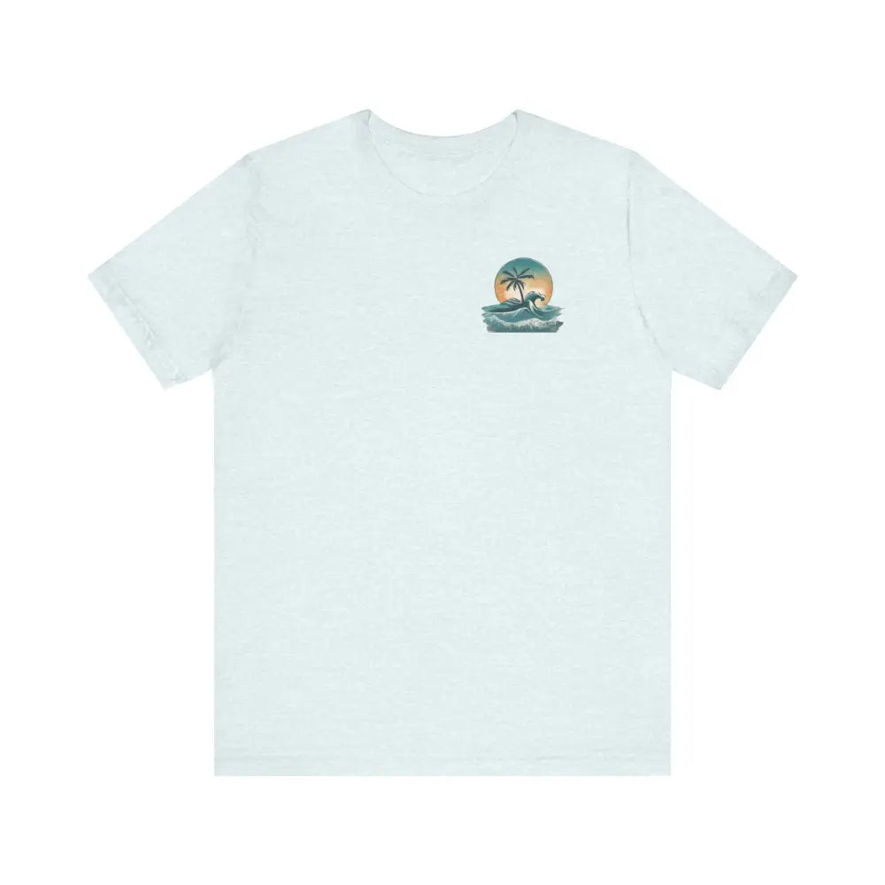 Light blue tropical oasis paradise graphic tee with palm tree and wave
