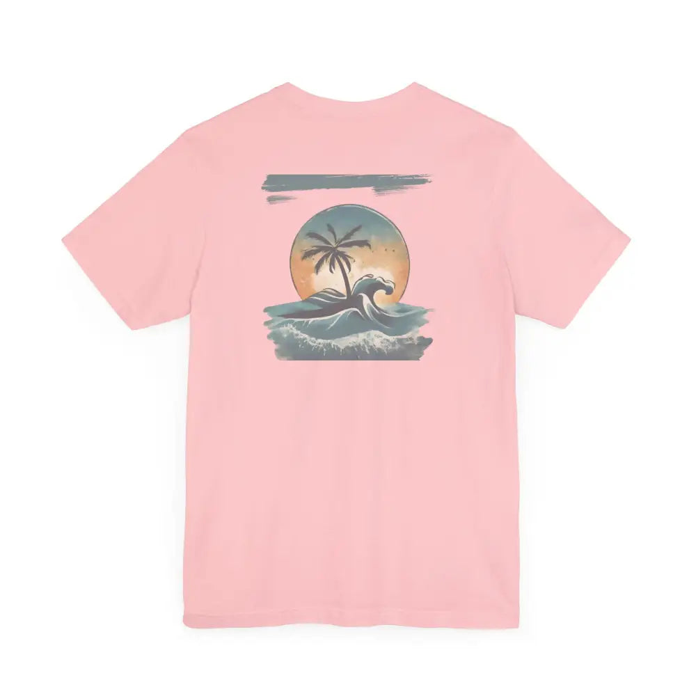 Pink Tropical Oasis Paradise Graphic Tee with sunset palm tree ocean waves