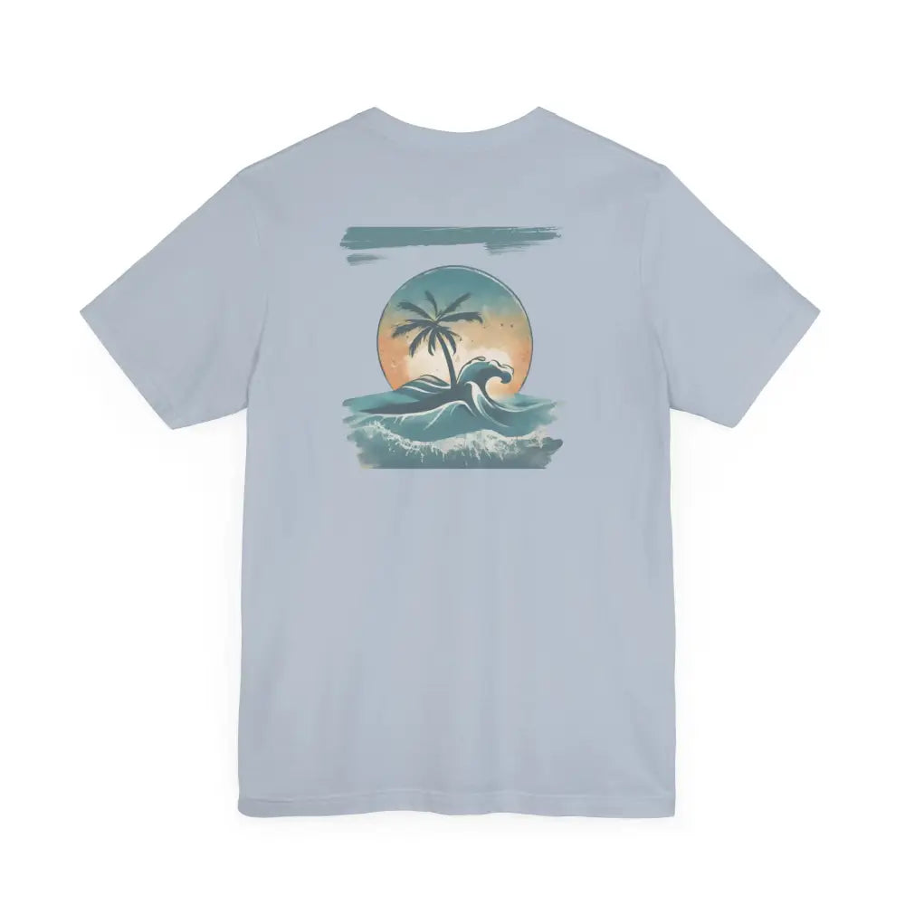 Light blue Tropical Oasis Paradise graphic tee with island and wave design
