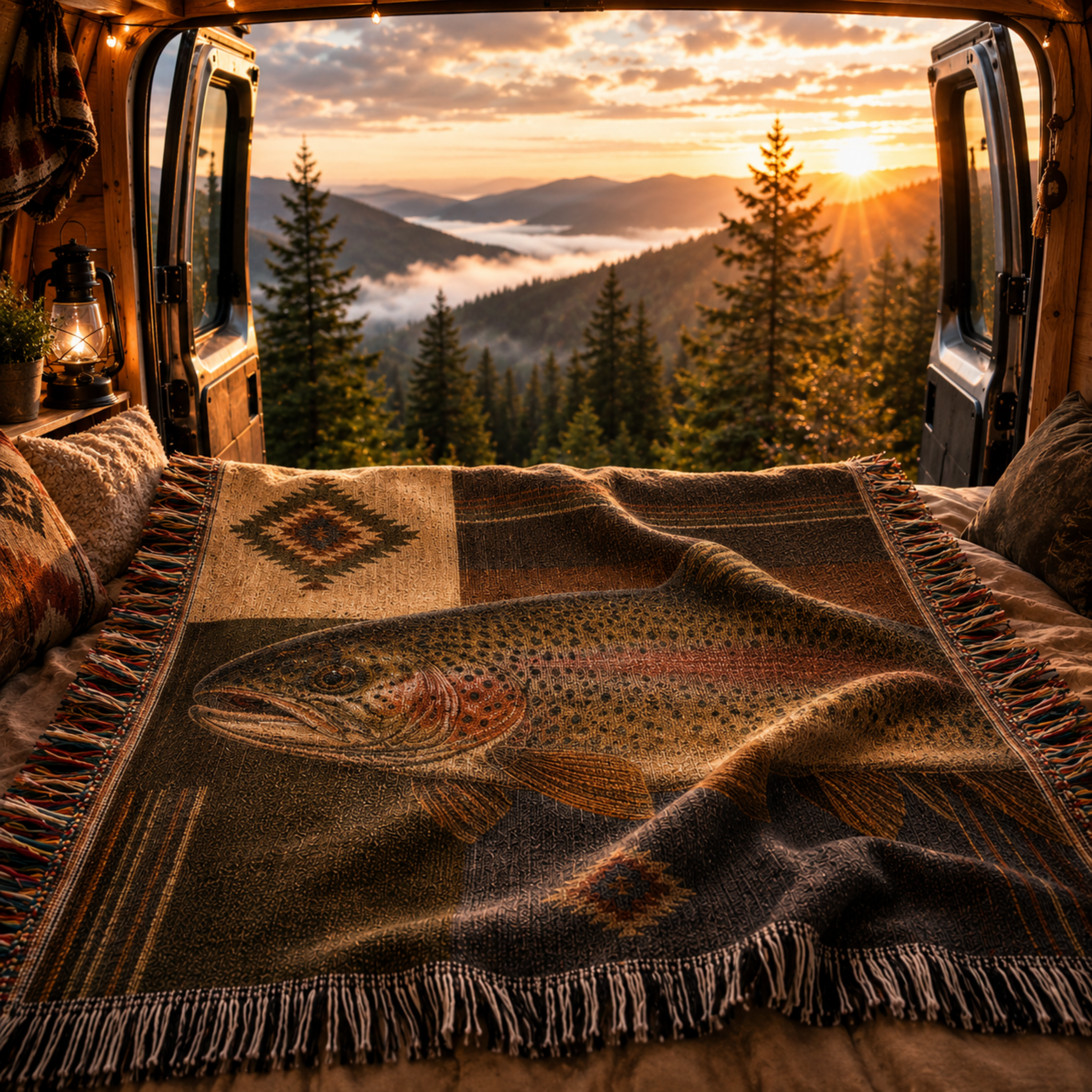 Trout Lodge woven trout throw layered on a bed in a camper van by the lake — Trini Skies