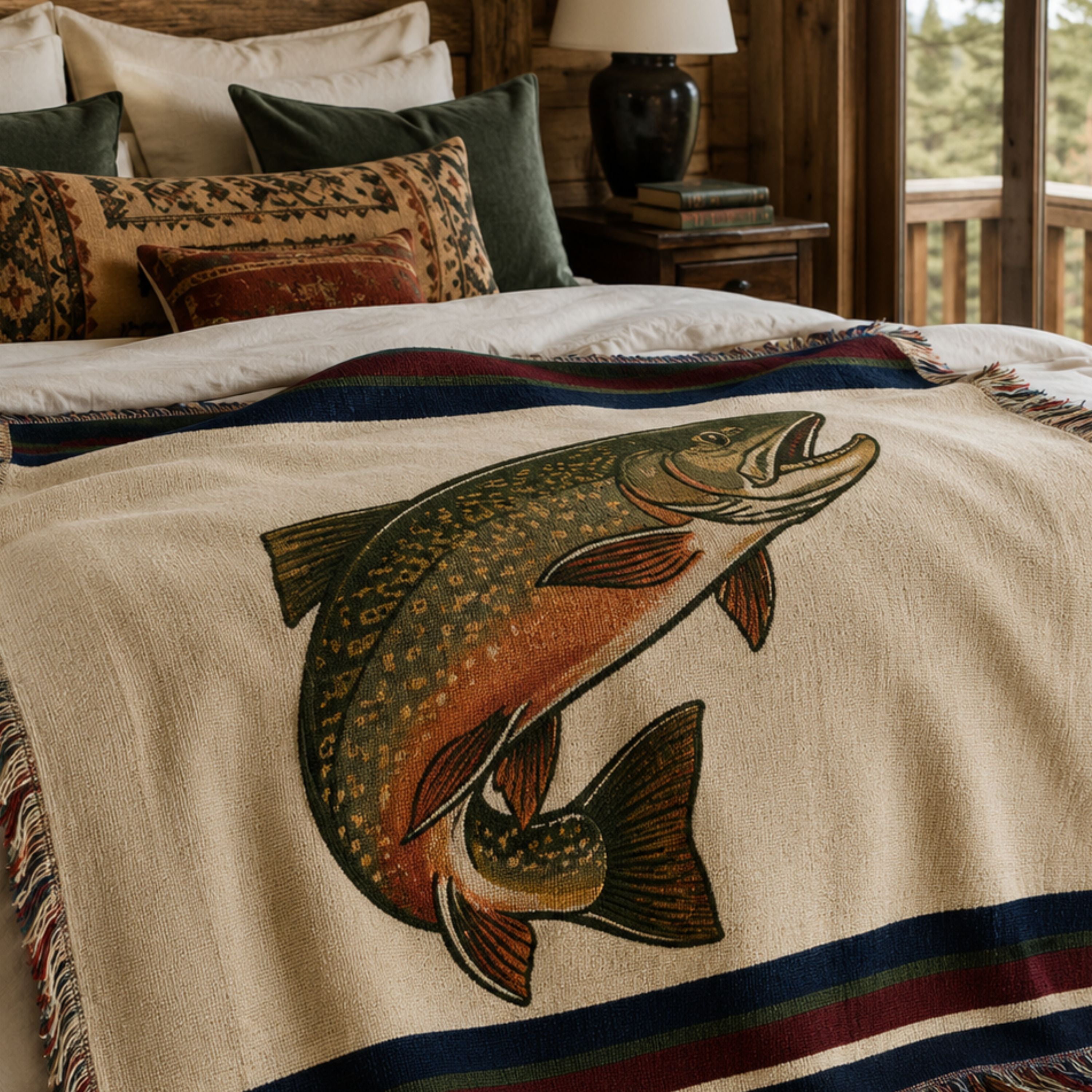 The Freestone brook trout woven cotton throw blanket draped across a neatly made bed in a sunlit bedroom, showing the ivory field and navy, forest green, and burgundy heritage stripe — Trini Skies