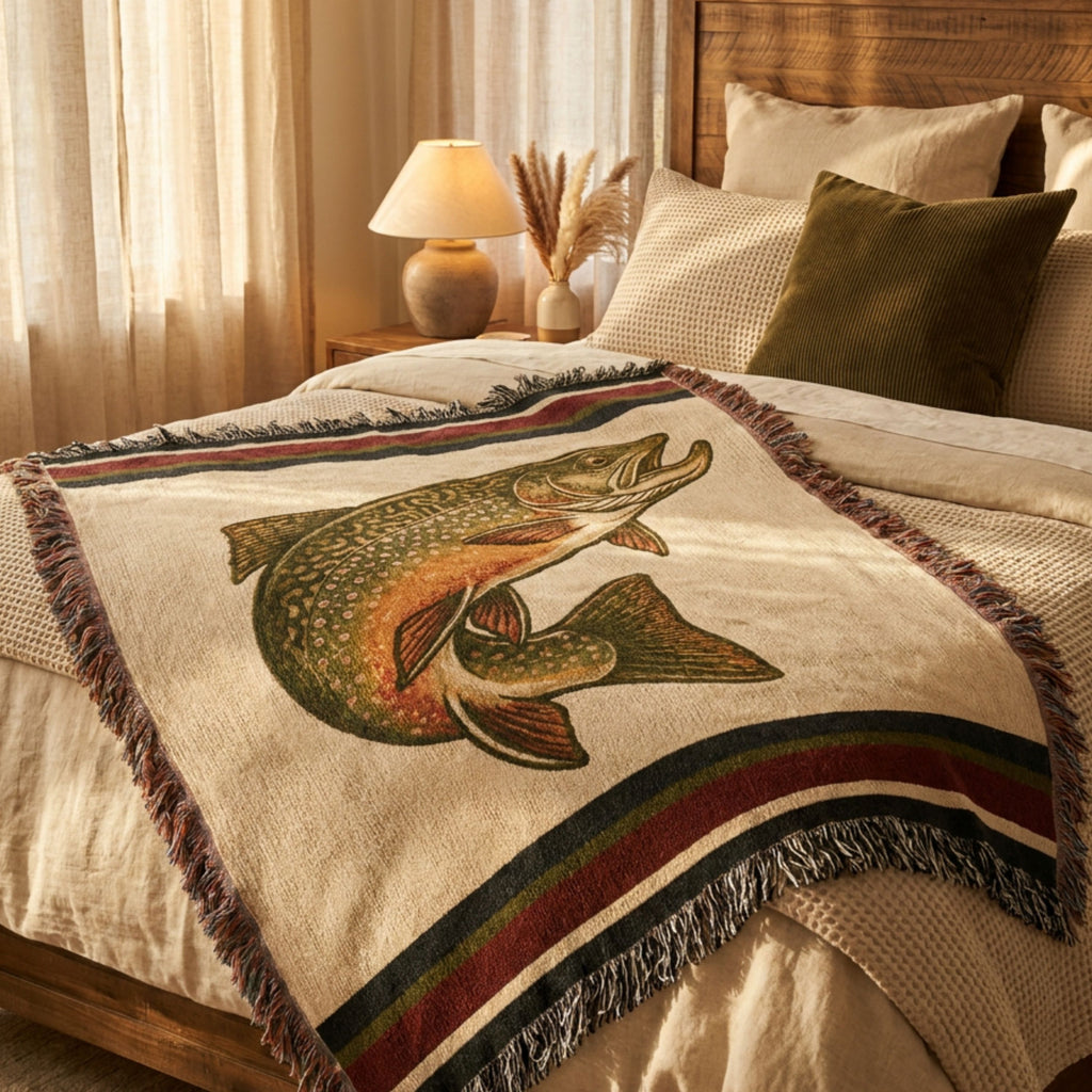 The Freestone brook trout woven cotton throw blanket folded at the foot of a linen-covered bed, highlighting the woven trout illustration and multicolor fringe — Trini Skies