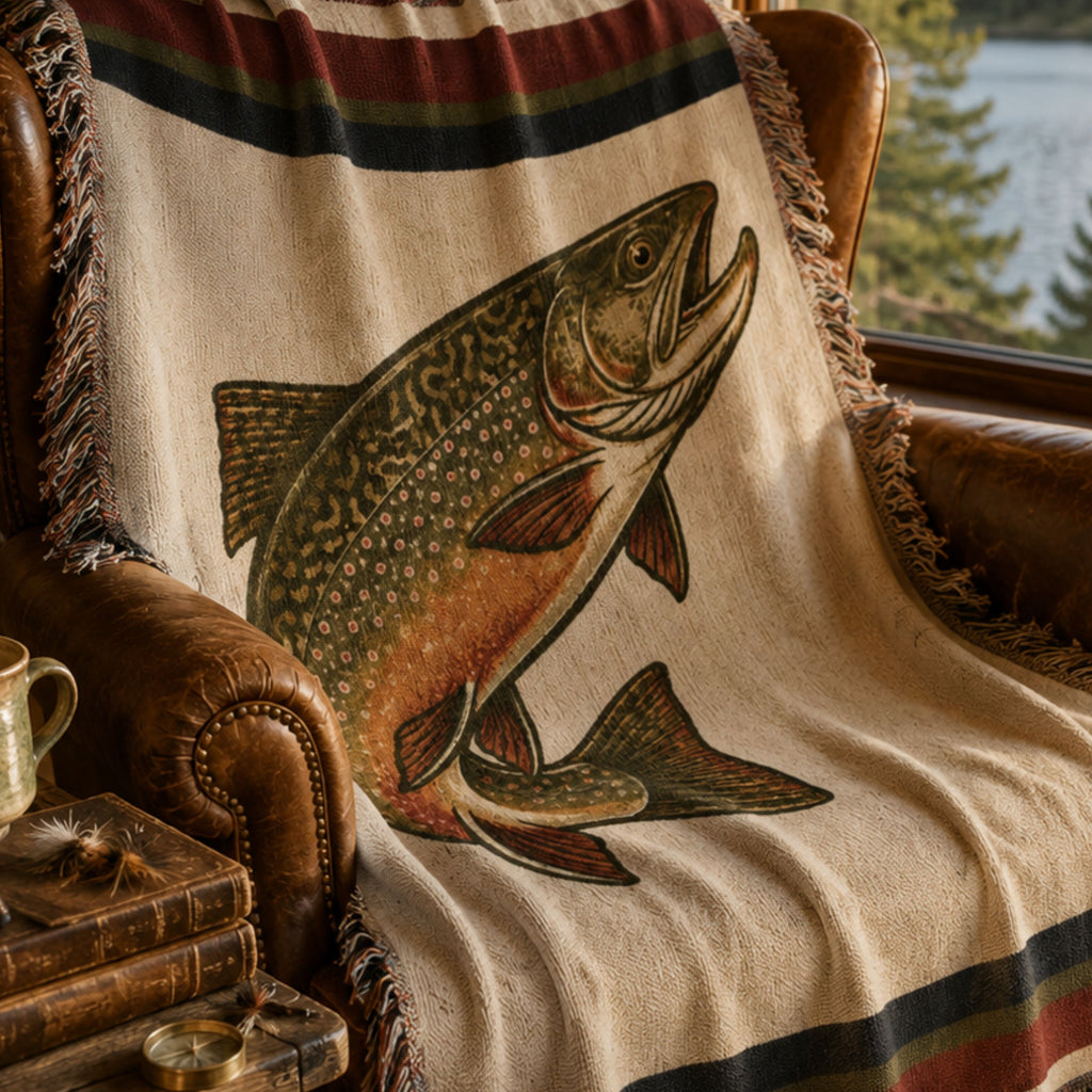 The Freestone brook trout woven cotton throw blanket folded over a wooden bedroom chair, showing the heritage stripe bands and woven cotton texture — Trini Skies