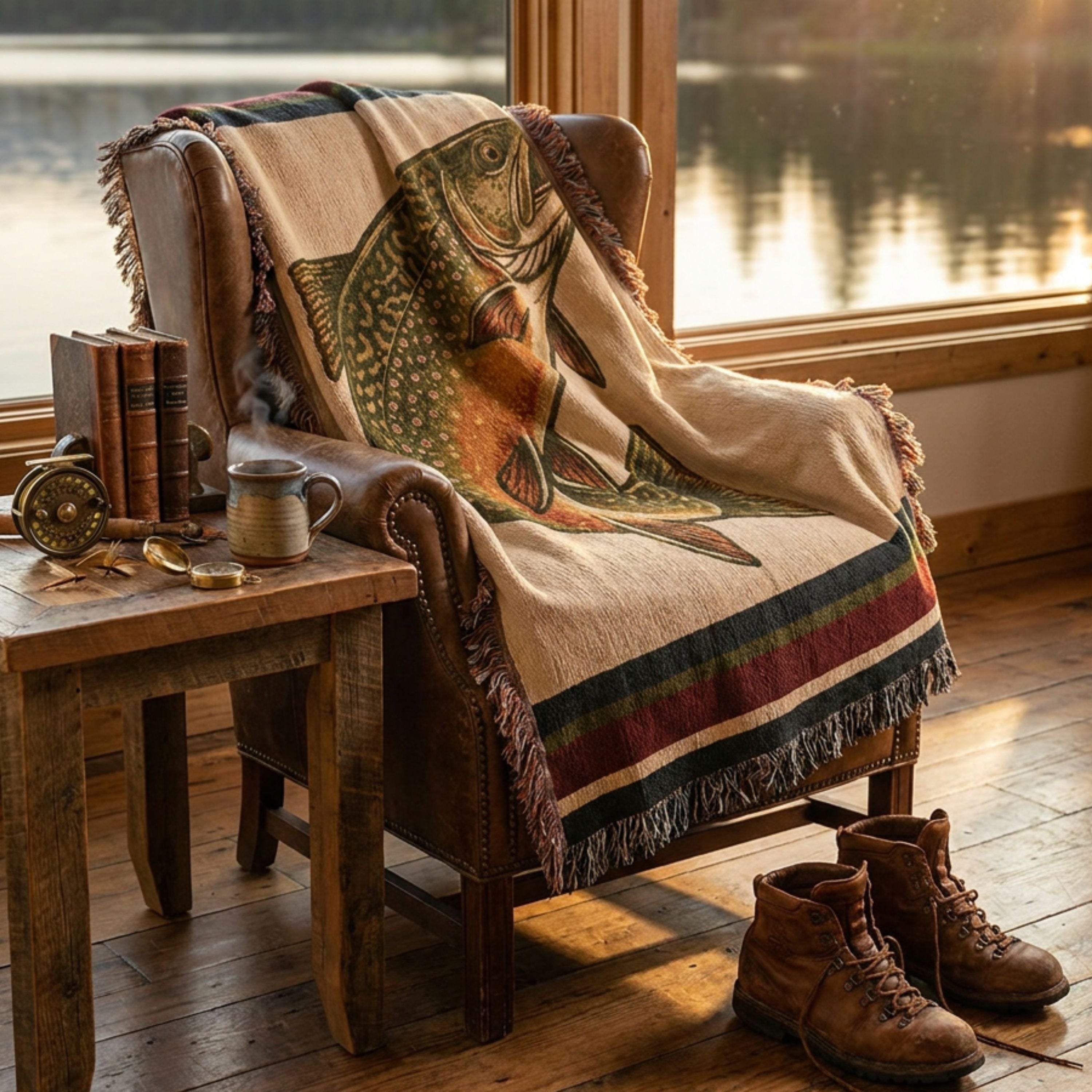 The Freestone brook trout woven cotton throw blanket draped over a leather armchair in a lodge-style living room, ivory field with navy, forest green, and burgundy heritage stripe bands and multicolor fringe — Trini Skies