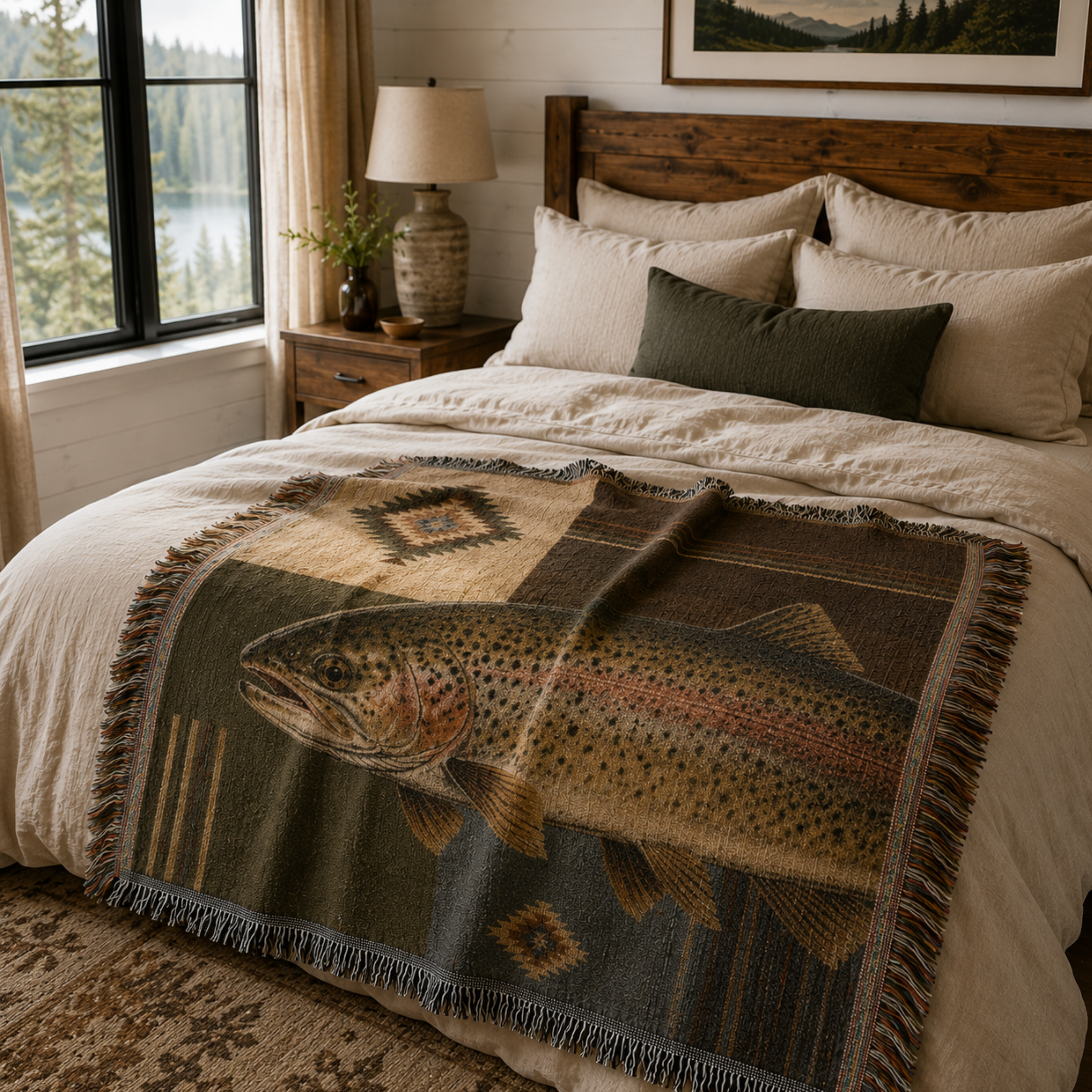 Trout Lodge woven trout throw layered on a bed in a cabin bedroom with a mountain lake view — Trini Skies