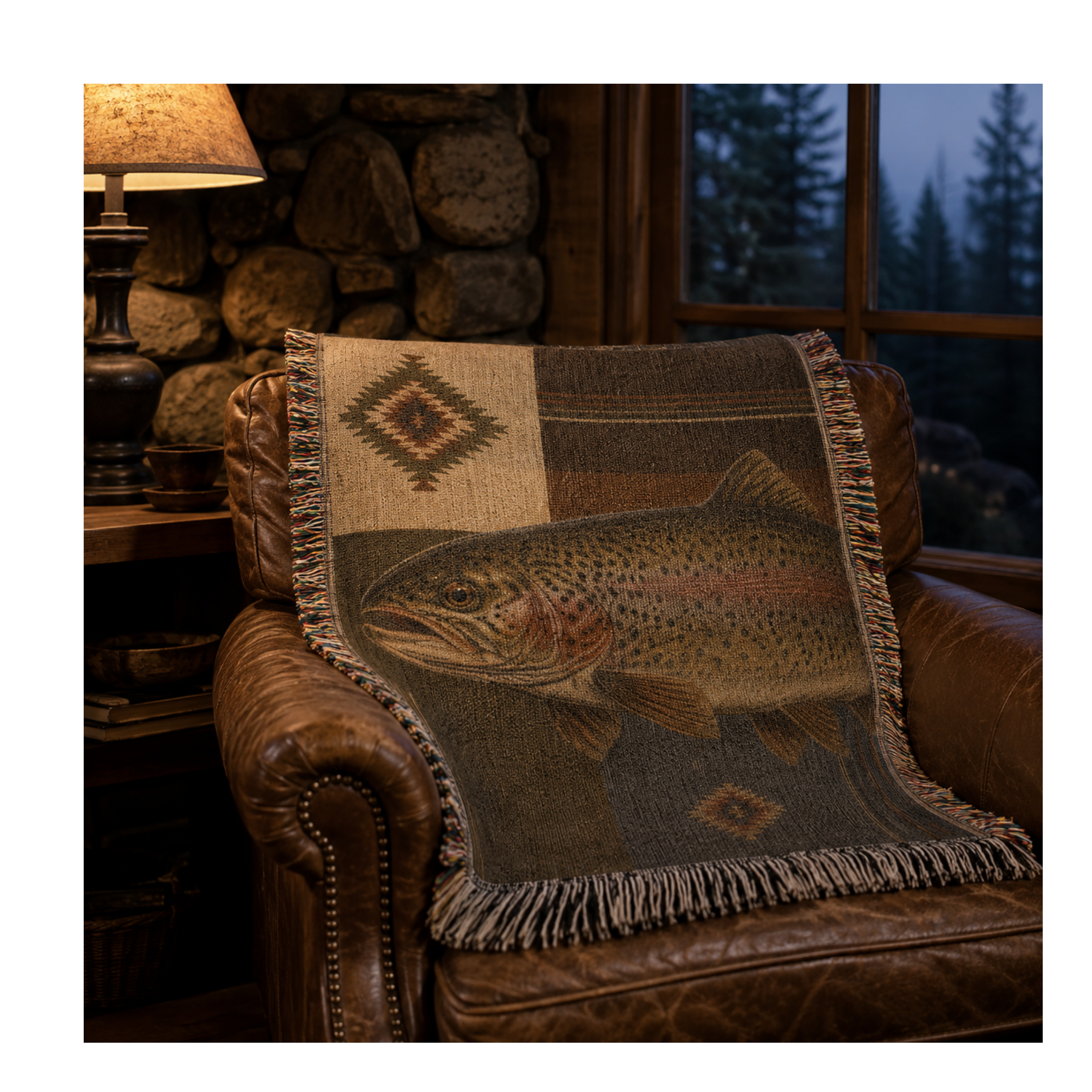 Trout Lodge woven trout throw draped over a chair in a rustic cabin — Trini Skies