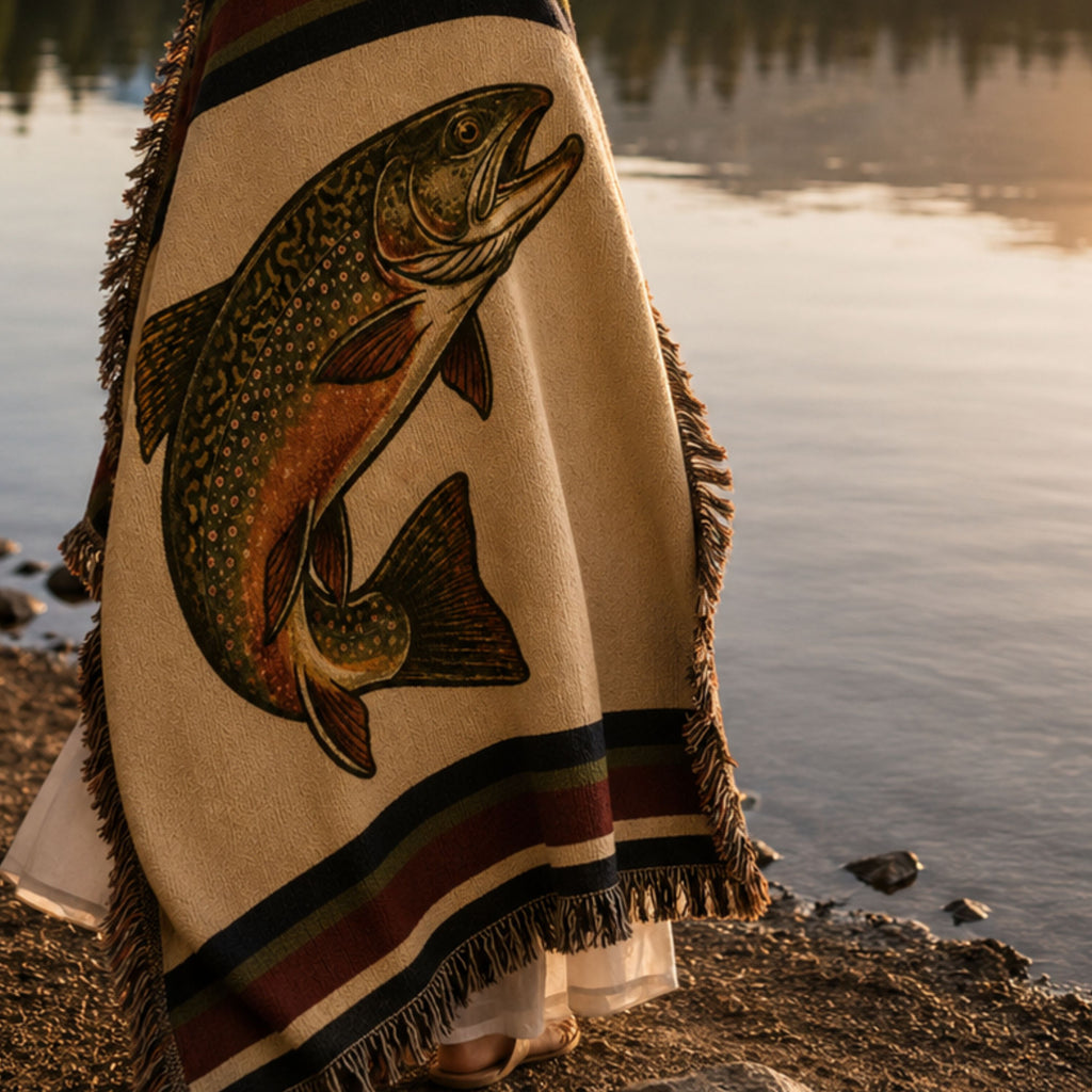 The Freestone brook trout woven cotton throw blanket laid along a rocky riverbank at the water's edge, showing the woven trout illustration and heritage stripe border — Trini Skies