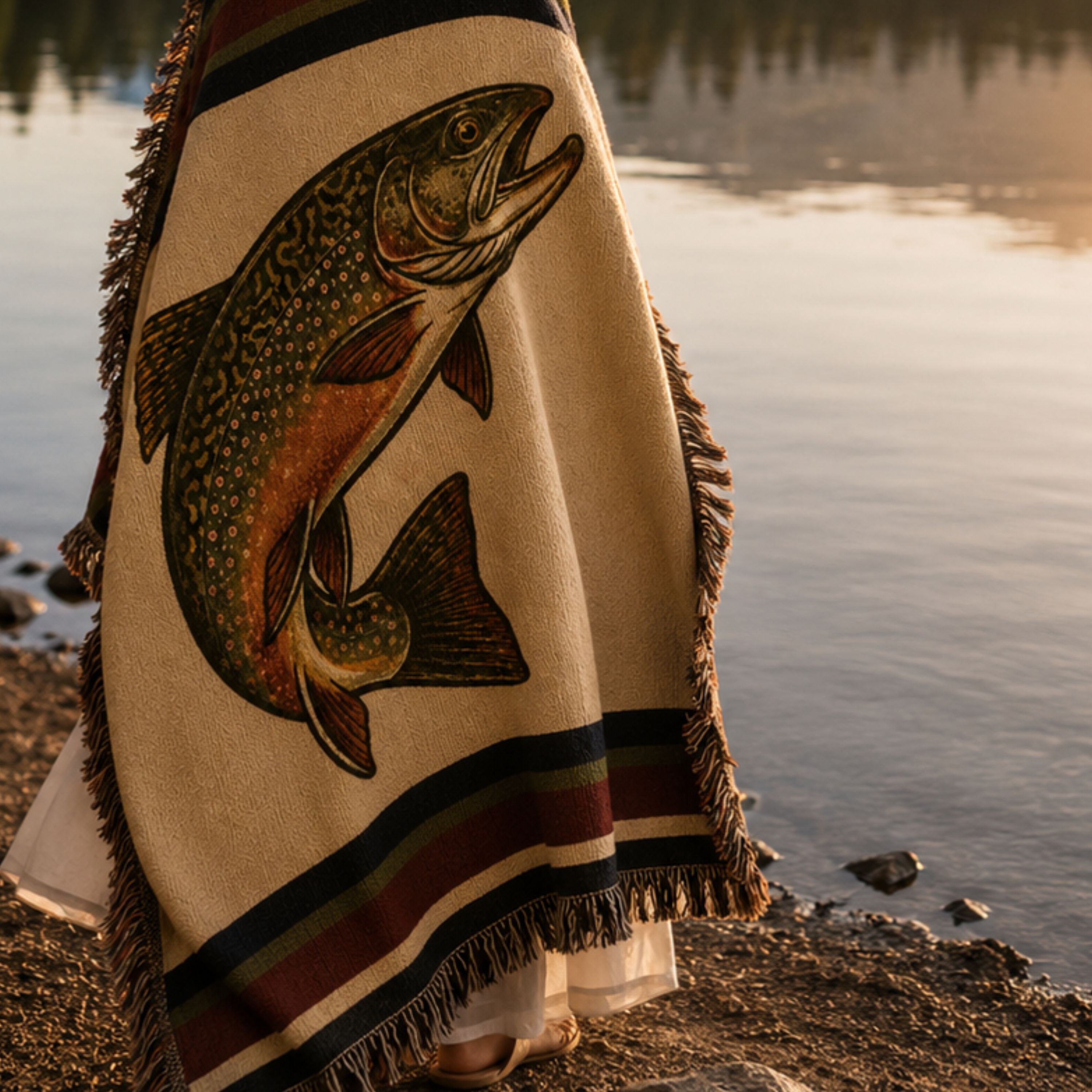 The Freestone brook trout woven cotton throw blanket laid along a rocky riverbank at the water's edge, showing the woven trout illustration and heritage stripe border — Trini Skies