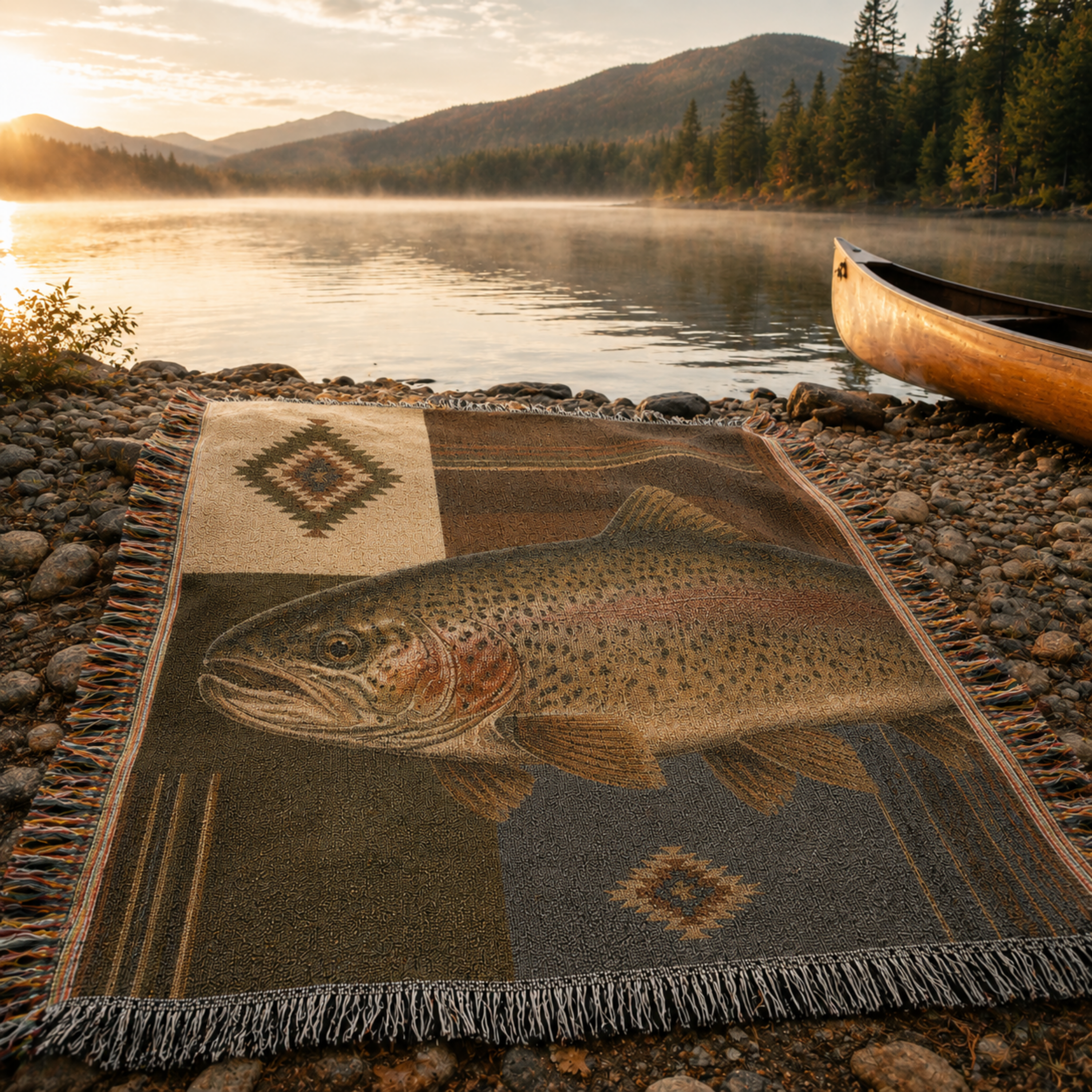 Trout Lodge woven throw blanket styled by a misty mountain lake at sunrise — Trini Skies