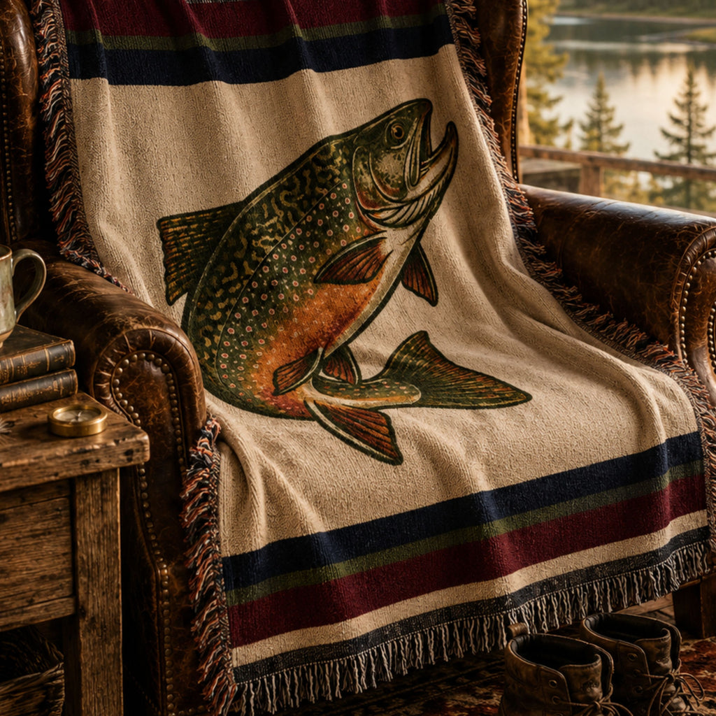 The Freestone brook trout woven cotton throw blanket draped over a leather armchair beside a sunlit window, showing the ivory field, heritage stripe bands, and multicolor fringe — Trini Skies