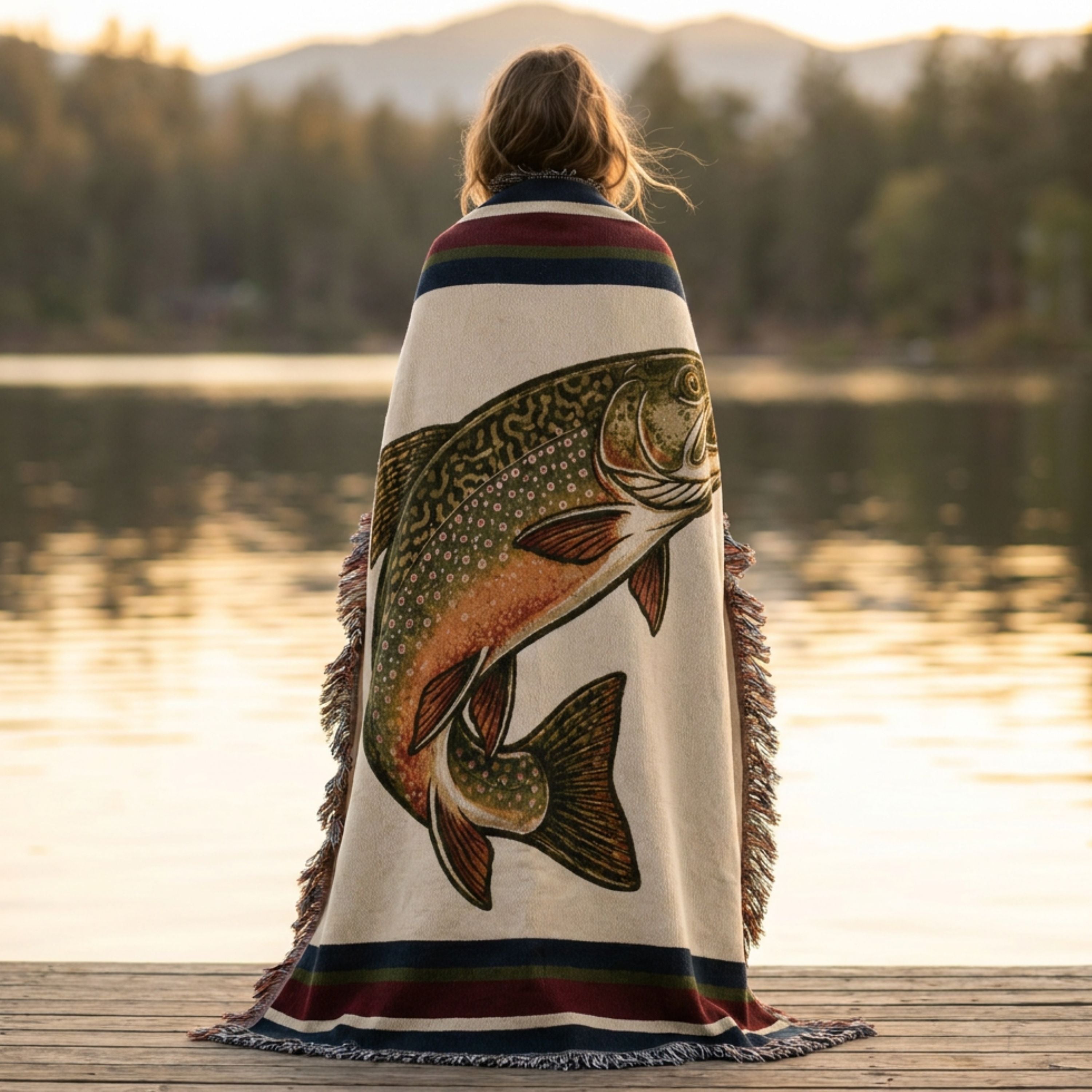Woman wrapped in The Freestone brook trout woven cotton throw blanket beside a still lake at golden hour, showing the ivory field and heritage stripe border — Trini Skies