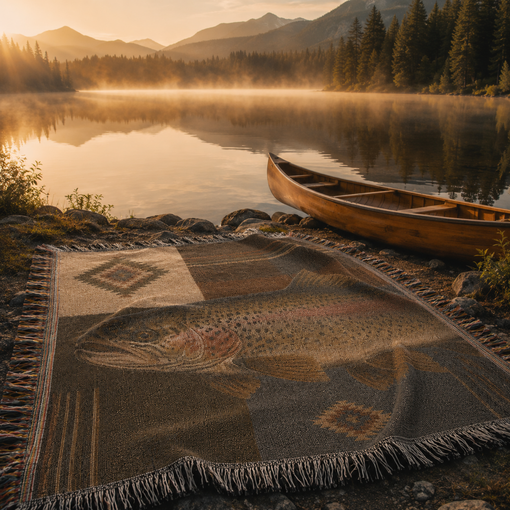 Trout Lodge woven cotton throw blanket featuring a rainbow trout with heritage Southwest panel accents — Trini Skies