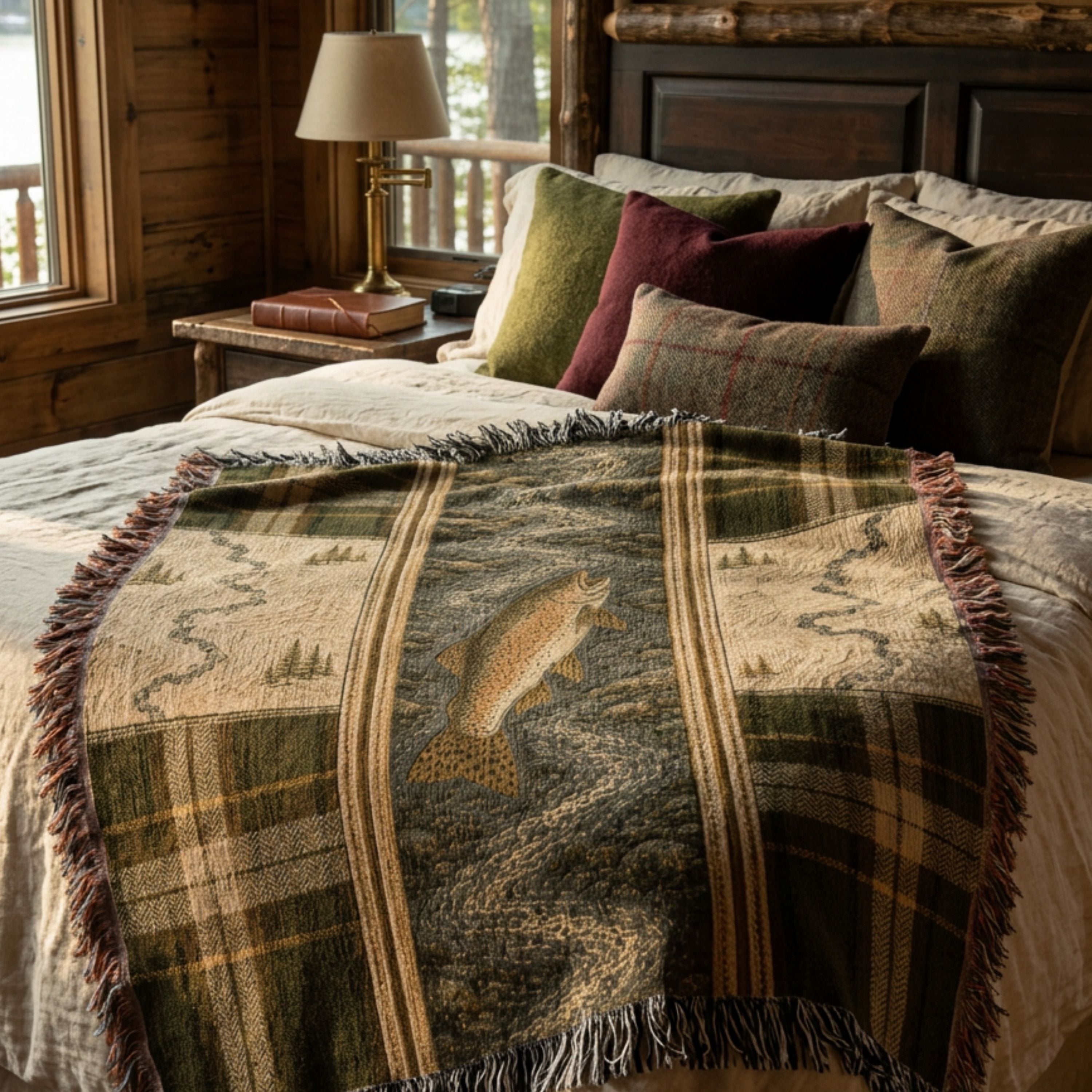River Trout woven throw blanket laid flat across a bed, full view of the trout and winding stream illustration woven into the heritage plaid stripe pattern — Trini Skies