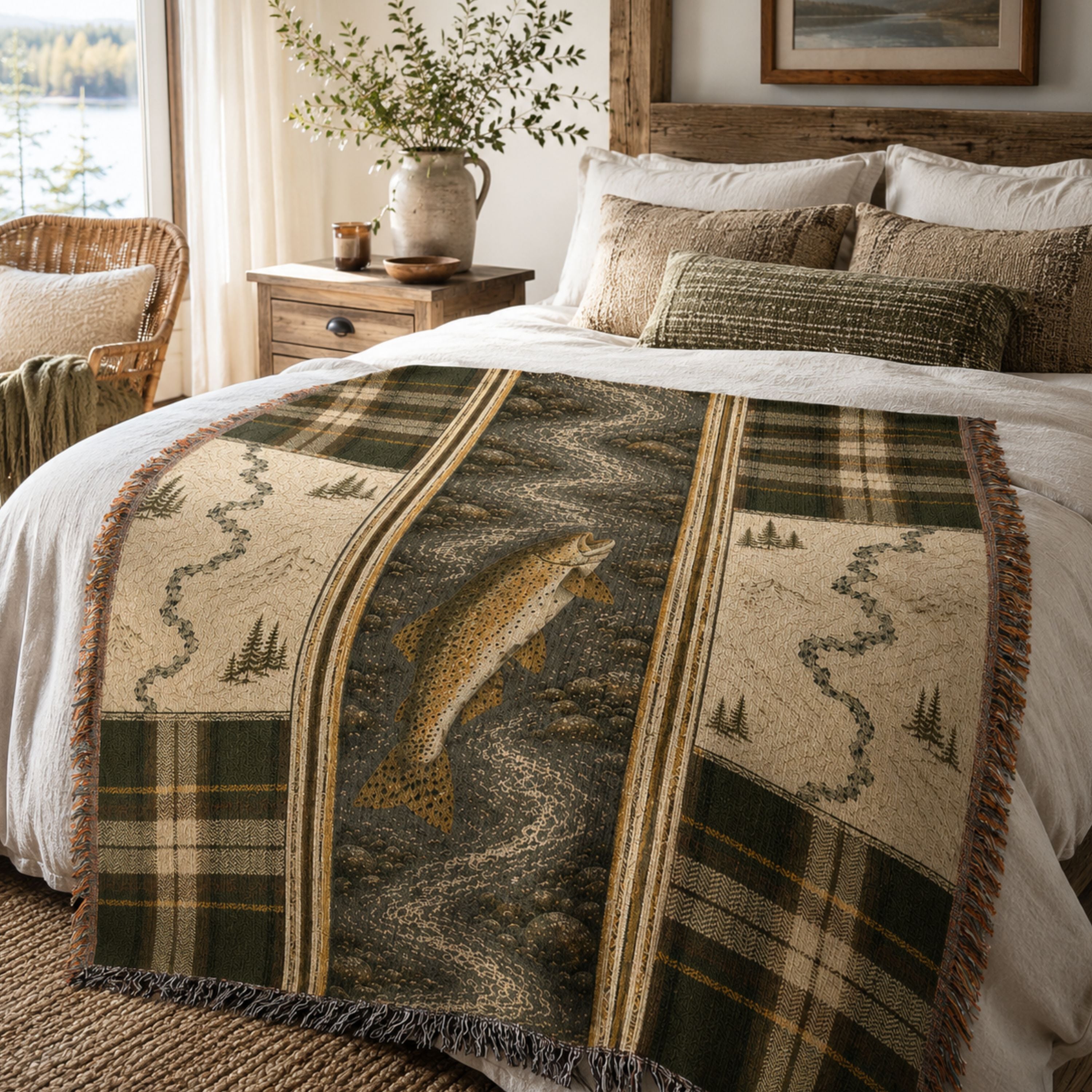 River Trout woven throw blanket in green and tan heritage stripe styled across a bed in a warm, sunlit cabin bedroom — heirloom cotton throw with woven trout design — Trini Skies