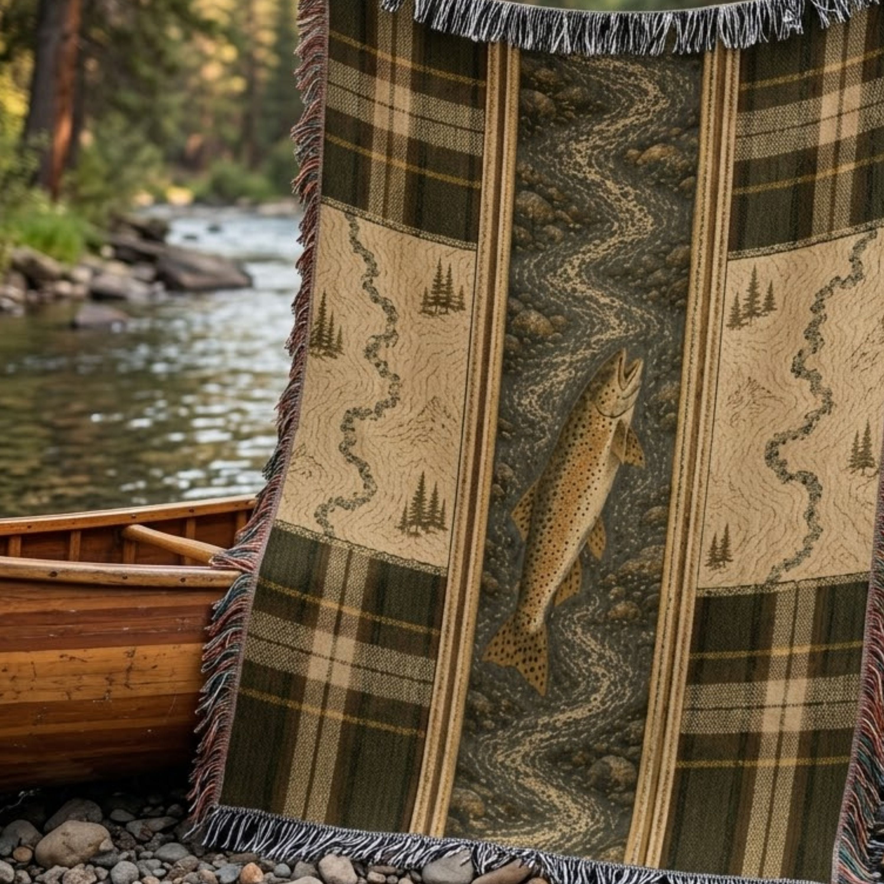 River Trout heirloom woven cotton throw blanket in deep green and gold heritage stripes, draped beside a wooden canoe at a quiet lakeside stream — 100% cotton, made in the USA — Trini Skies