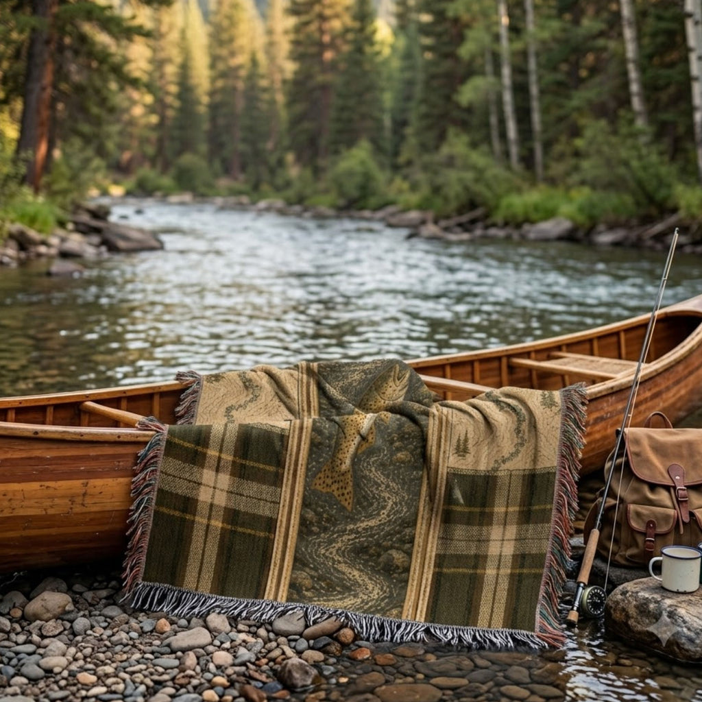 River Trout woven cotton throw blanket draped over the side of a wooden canoe at the water's edge, showing the plaid stripe border and woven trout stream scene — Trini Skies