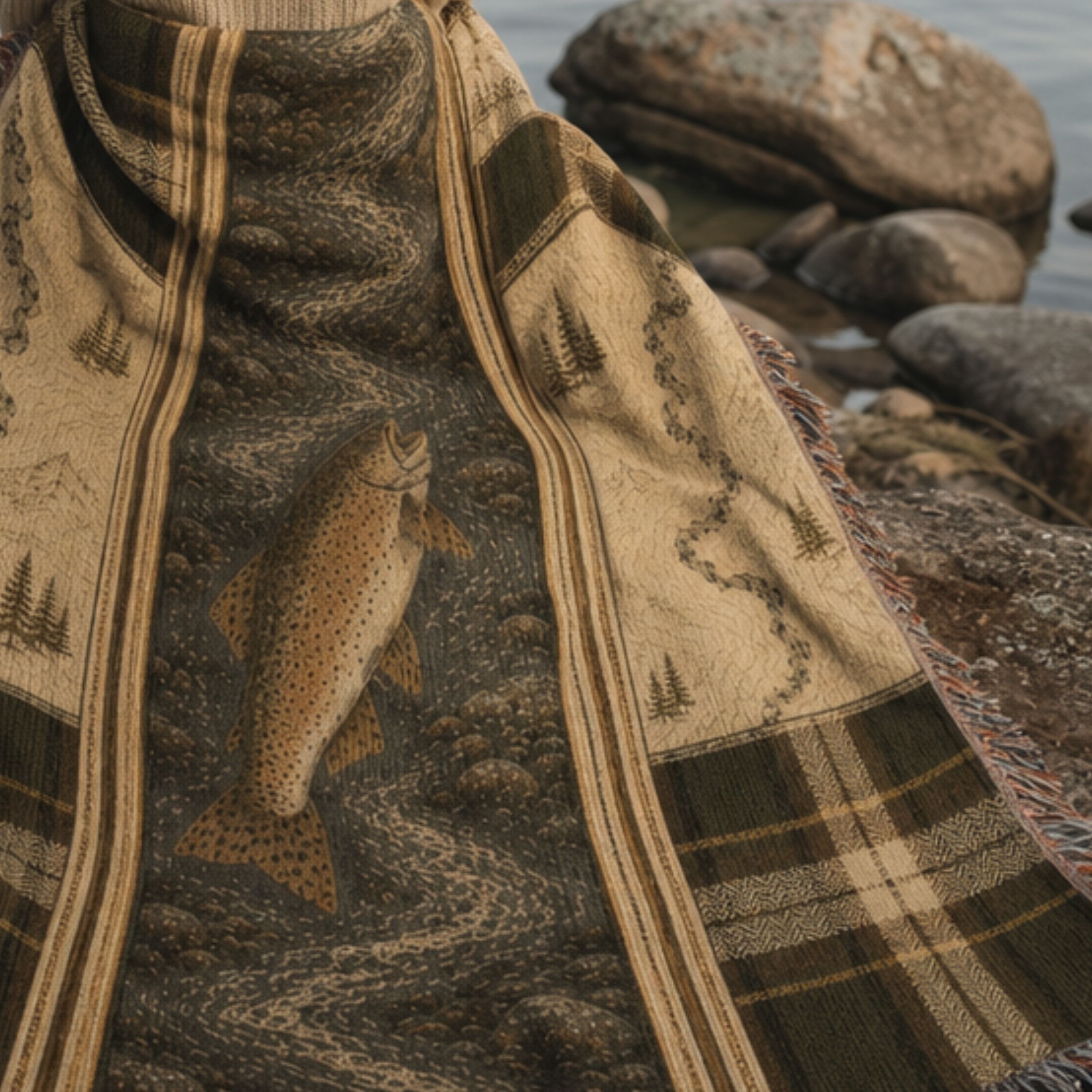 River Trout woven cotton throw blanket draped over rocks at the water's edge, close view of the woven trout illustration and green heritage stripe pattern — Trini Skies