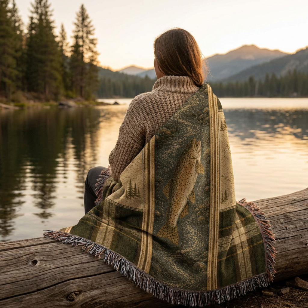 Woman sitting by the water wrapped in the River Trout heirloom woven throw blanket, green and gold heritage stripe with hand-illustrated trout design — Trini Skies