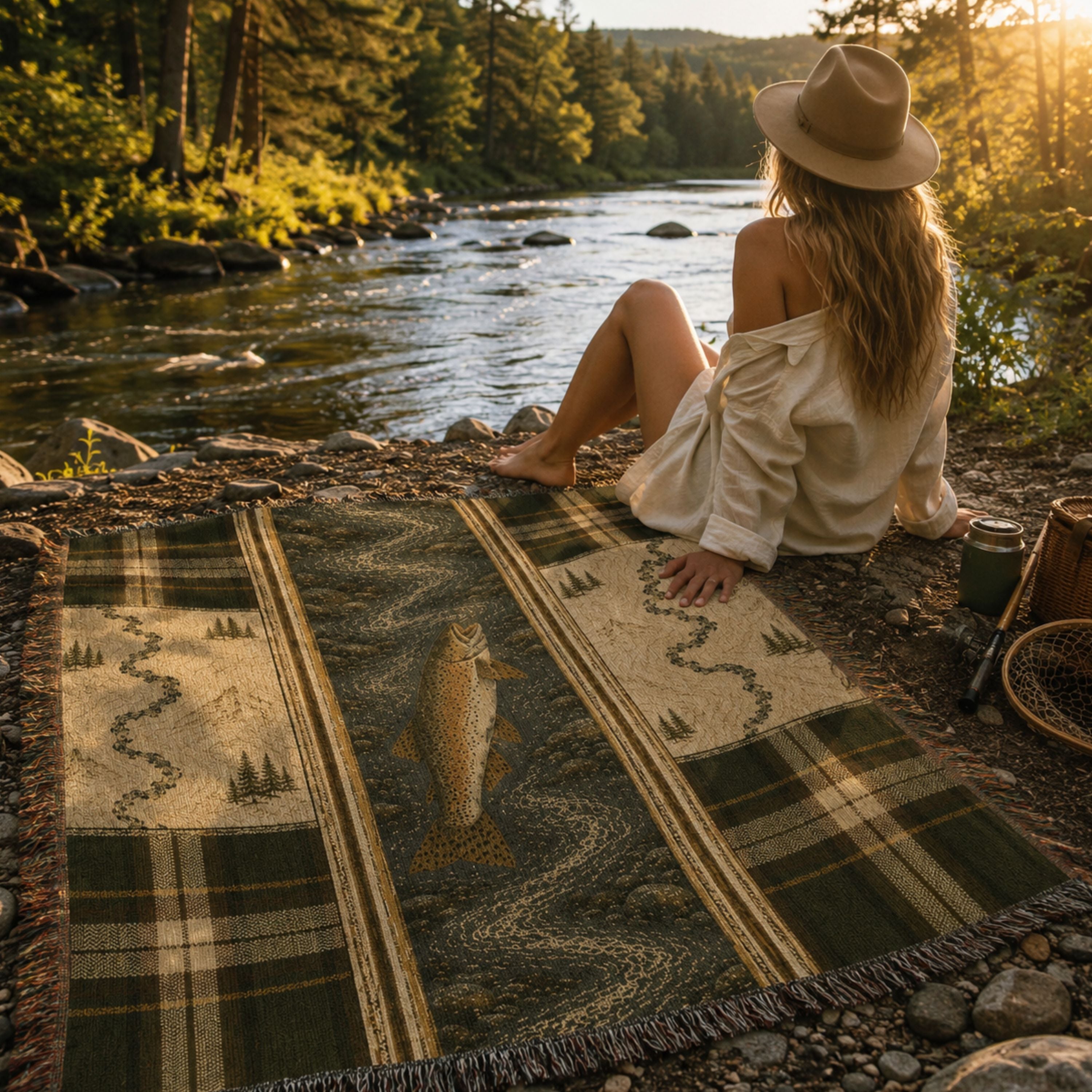 Woman standing at the waterside wrapped in the River Trout woven cotton throw blanket, showing the multicolor fringe and stream-scene stripe detail — Trini Skies