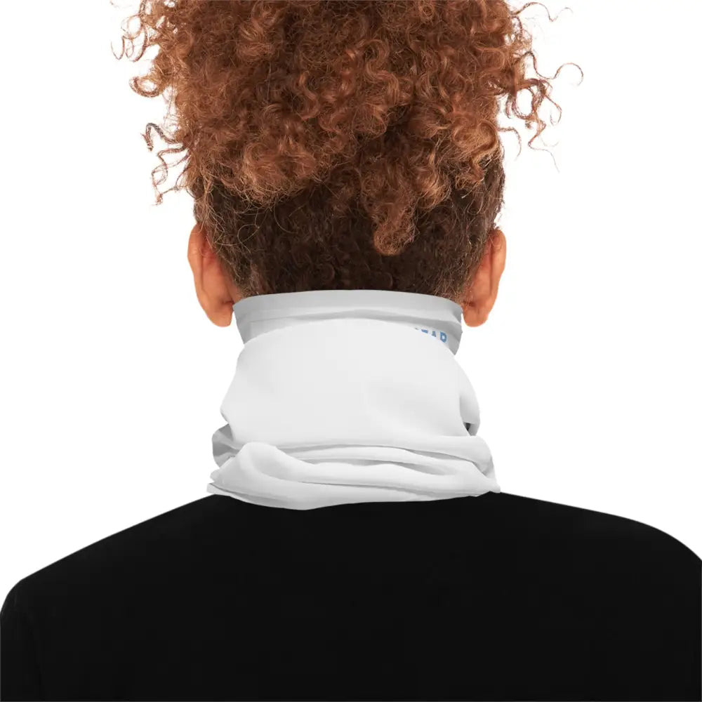Trini Skies sport fishing unisex lightweight neck gaiter on curly-haired person