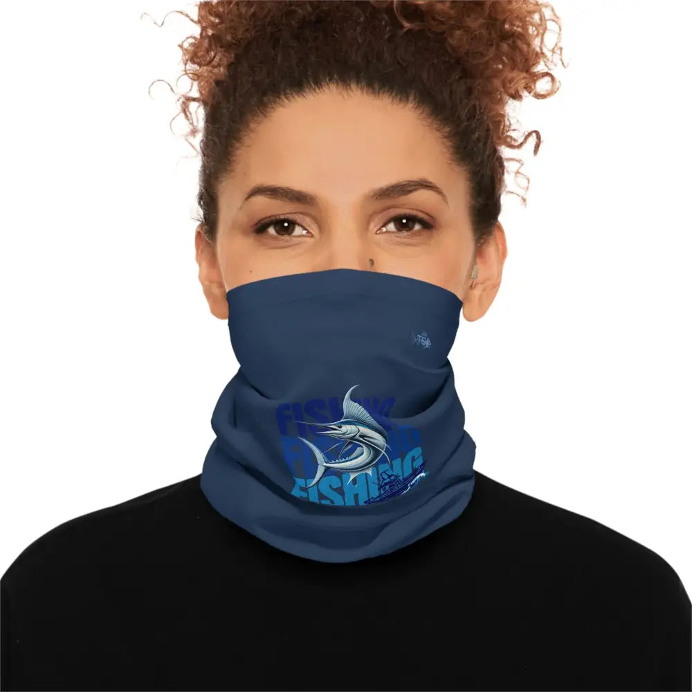 Trini Skies sport fishing unisex lightweight neck gaiter with blue fish design